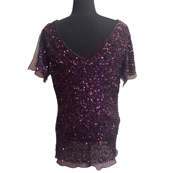 ADRIANNA PAPELL Silk Sequin Purple V Neck Formal Dressy Cocktail Top LG Wedding - Picture 9 of 17